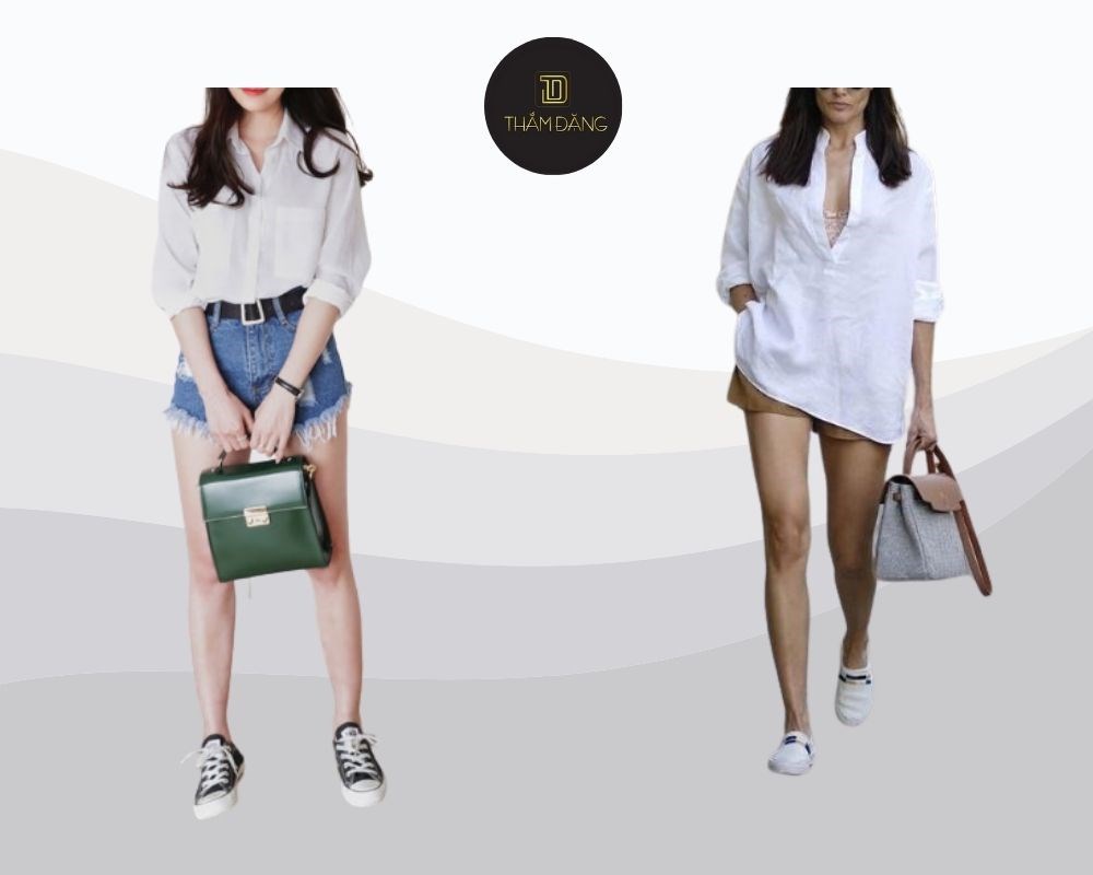 Áo sơ mi trắng và quần short jeans rách tạo nên set đồ năng động, cá tính cho những ngày dạo phố cuối tuần.