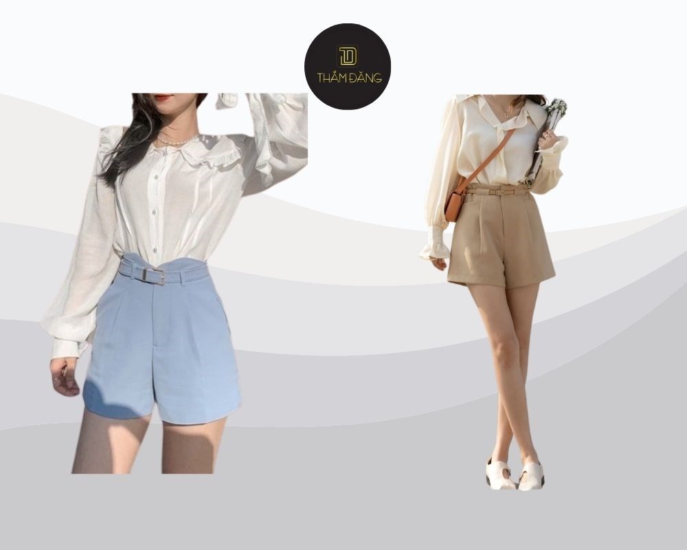 Áo sơ mi tay phồng và quần short kaki tạo nên vẻ ngoài điệu đà, nữ tính mà vẫn thanh lịch.