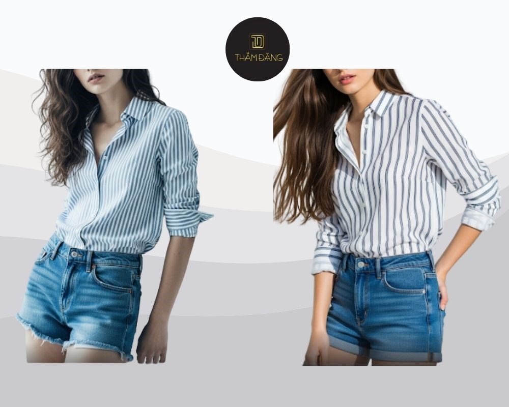Áo sơ mi sọc và quần short bò: lựa chọn đơn giản mà vẫn thanh lịch, hiện đại và năng động.