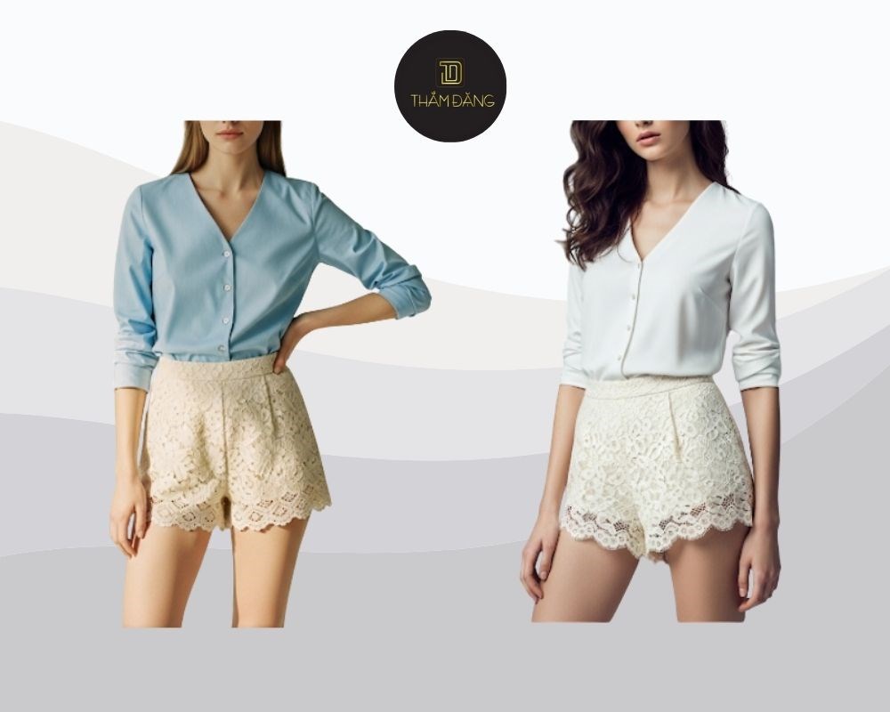Áo sơ mi cổ V và quần short ren: nét quyến rũ, tinh tế hòa quyện cùng vẻ thanh lịch.