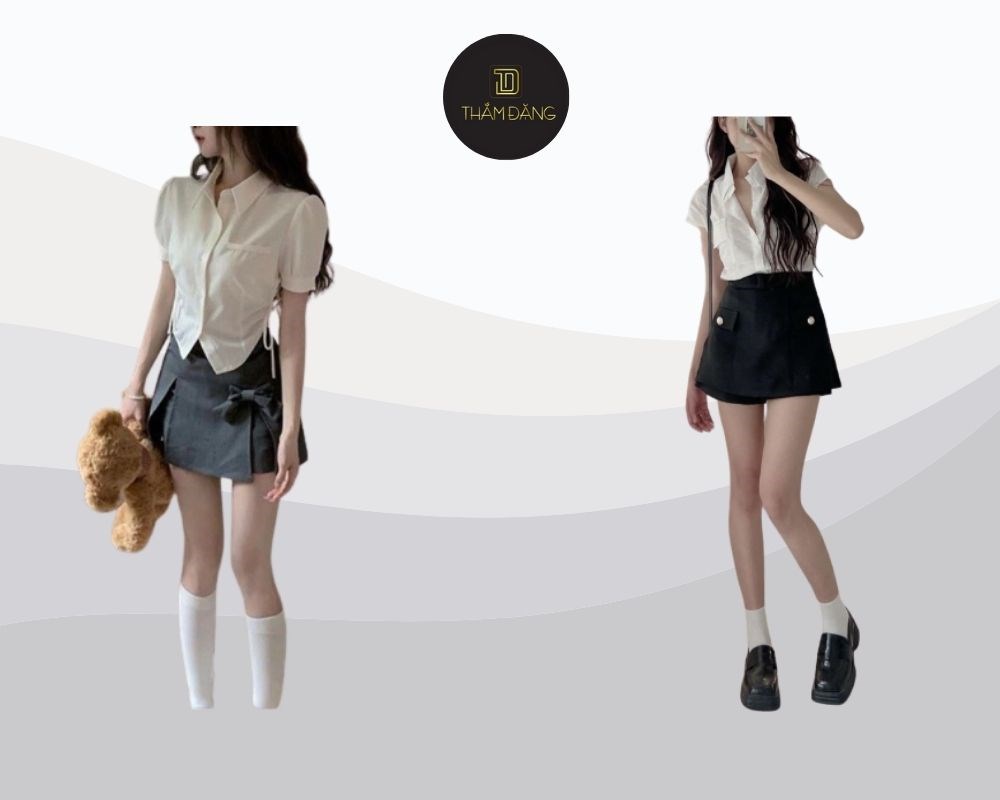 Áo sơ mi tay lỡ và quần short giả váy: trẻ trung, lịch sự và thoải mái cho mọi hoạt động.