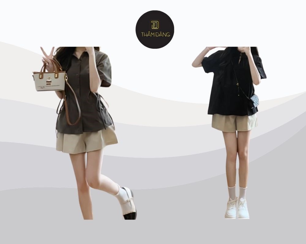 Áo sơ mi thắt nơ và quần short pastel mang đến vẻ dịu dàng, đáng yêu đậm chất Hàn Quốc.