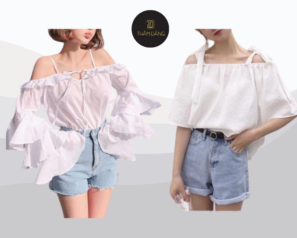 Áo sơ mi trễ vai và quần short jeans gợi cảm, trẻ trung và đầy sức hút.