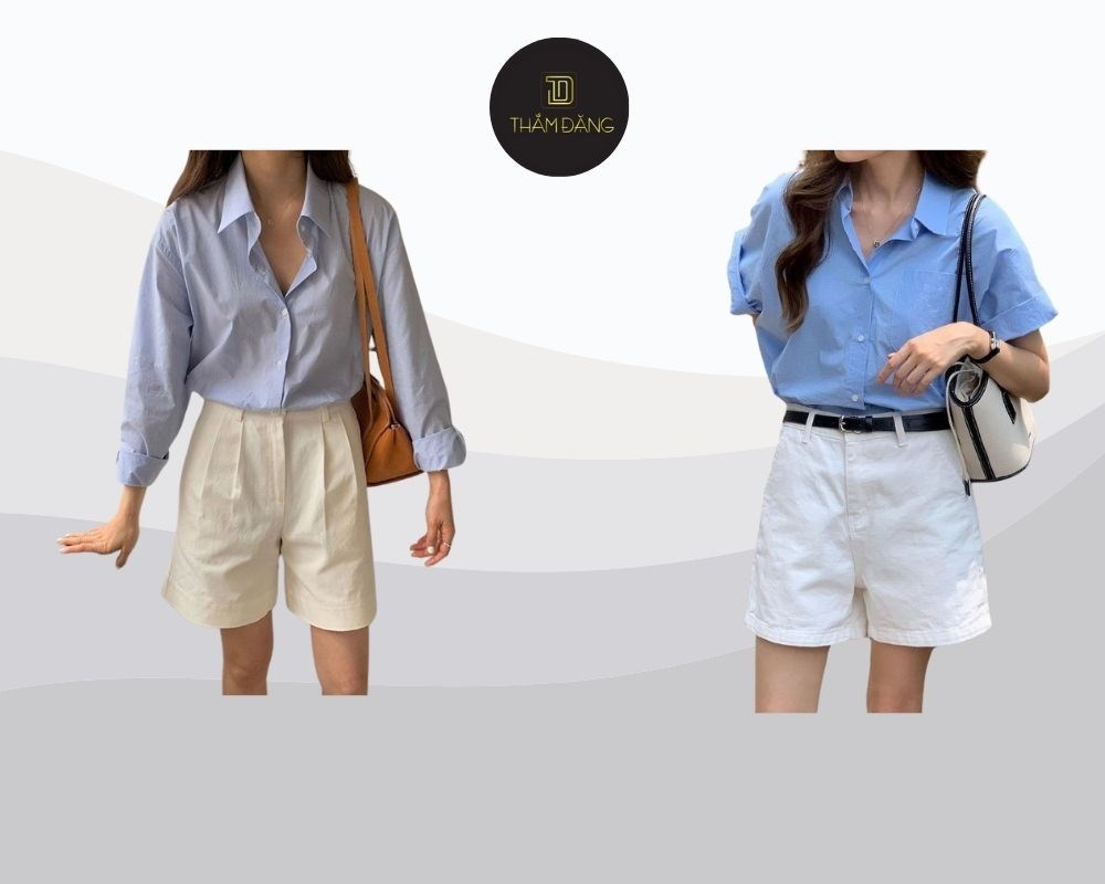 Với vóc dáng nhỏ nhắn, áo sơ mi có form dáng vừa vặn và quần short có độ dài phù hợp sẽ giúp bạn tôn dáng hiệu quả.