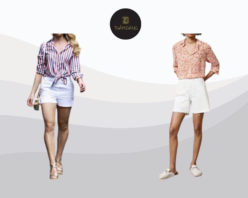 Áo sơ mi họa tiết hoa nhí kết hợp cùng quần short trắng mang đến vẻ ngoài nữ tính, thanh lịch và tươi tắn cho mùa hè.