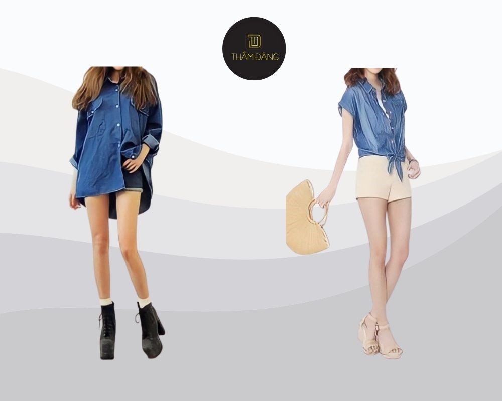 Áo sơ mi denim và quần short vải linen: bộ đôi thoải mái, hiện đại cho những ngày hè năng động.
