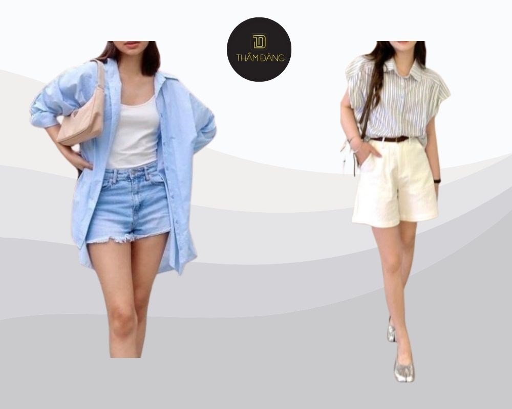 Áo sơ mi pastel phối quần short jeans sáng màu: sự kết hợp ngọt ngào, tươi trẻ cho ngày hè thêm rạng rỡ.