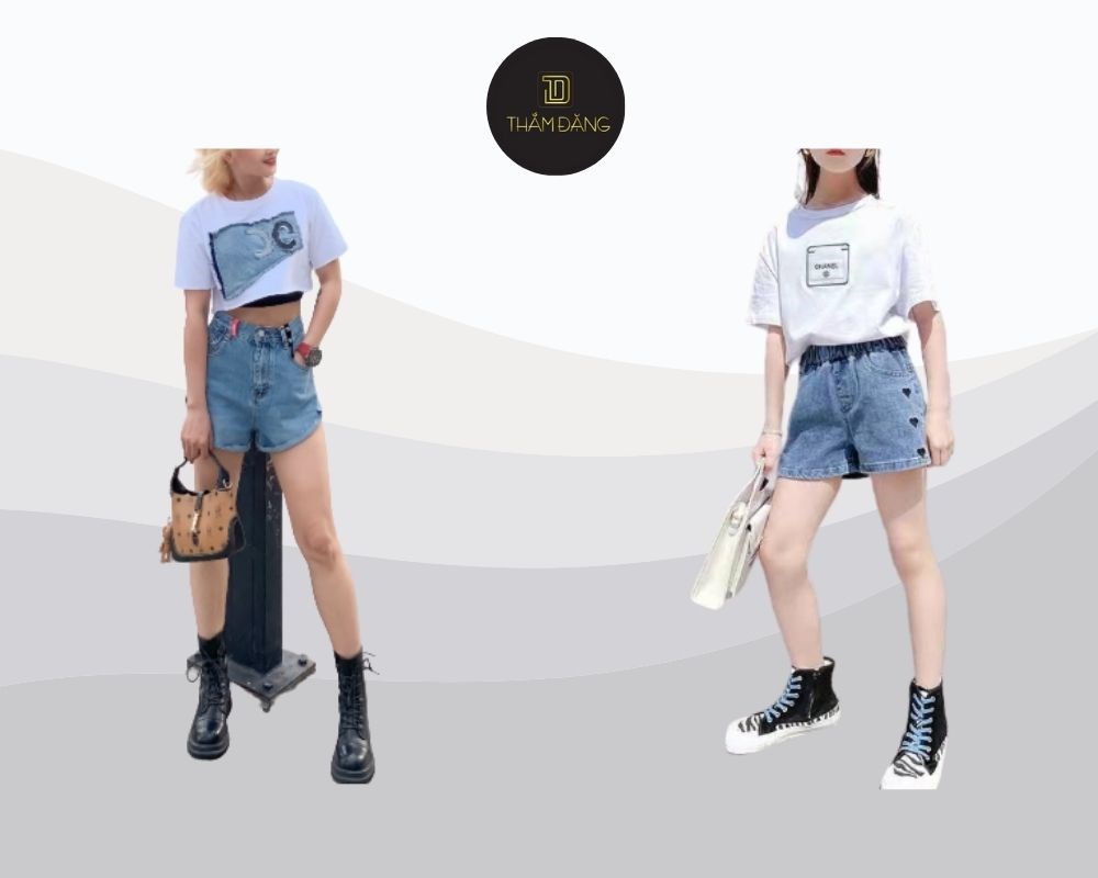 Áo thun in hình và quần short jeans ống rộng tạo nên outfit vừa cá tính vừa thoải mái và trendy.