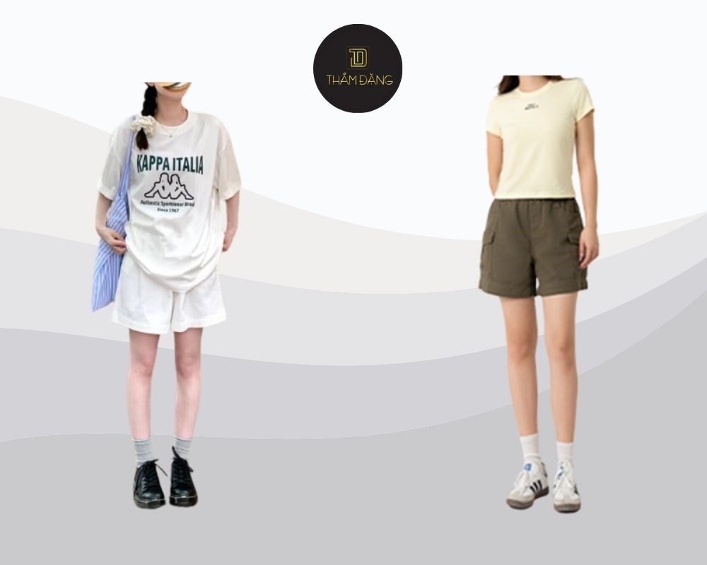 Áo thun màu pastel và quần short kaki basic mang đến vẻ đẹp nhẹ nhàng, tươi mới đặc trưng của mùa xuân hè.