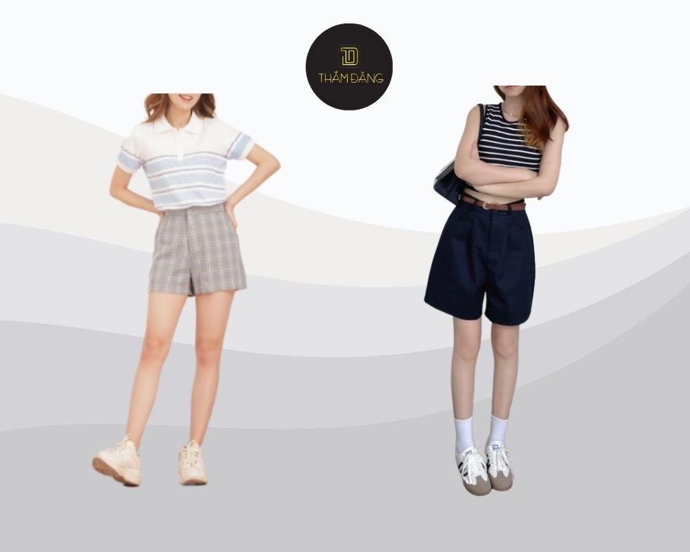 Áo thun kẻ sọc và quần short kaki cạp cao tạo nên outfit vừa cổ điển vừa hiện đại và tôn dáng.