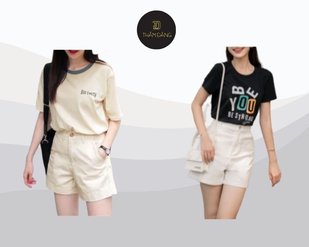 Áo thun trơn và quần short vải thô linen màu be tạo nên vẻ đẹp tự nhiên, mộc mạc nhưng vẫn đầy tinh tế.