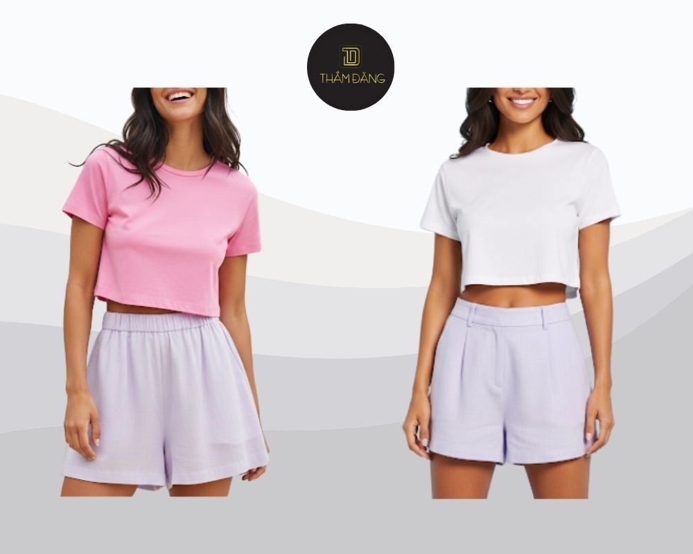 Áo thun croptop và quần short linen pastel tạo nên outfit tươi trẻ, rực rỡ và đầy sức sống cho mùa hè.