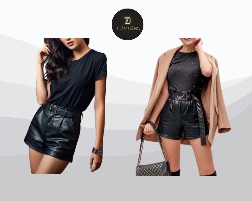 Áo thun đen và quần short da đen tạo nên outfit all-black cá tính, mạnh mẽ và vô cùng thu hút.