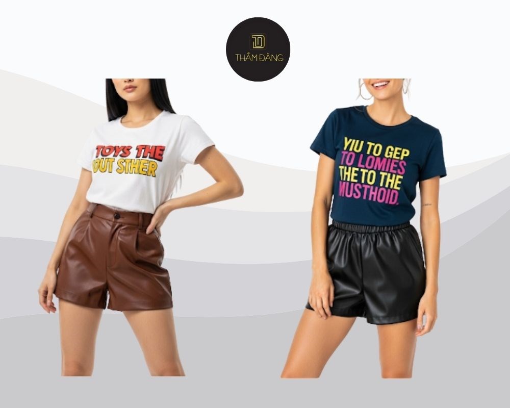 Áo thun in slogan và quần short da PU tạo nên outfit thời thượng, hợp xu hướng đường phố và đầy cá tính.