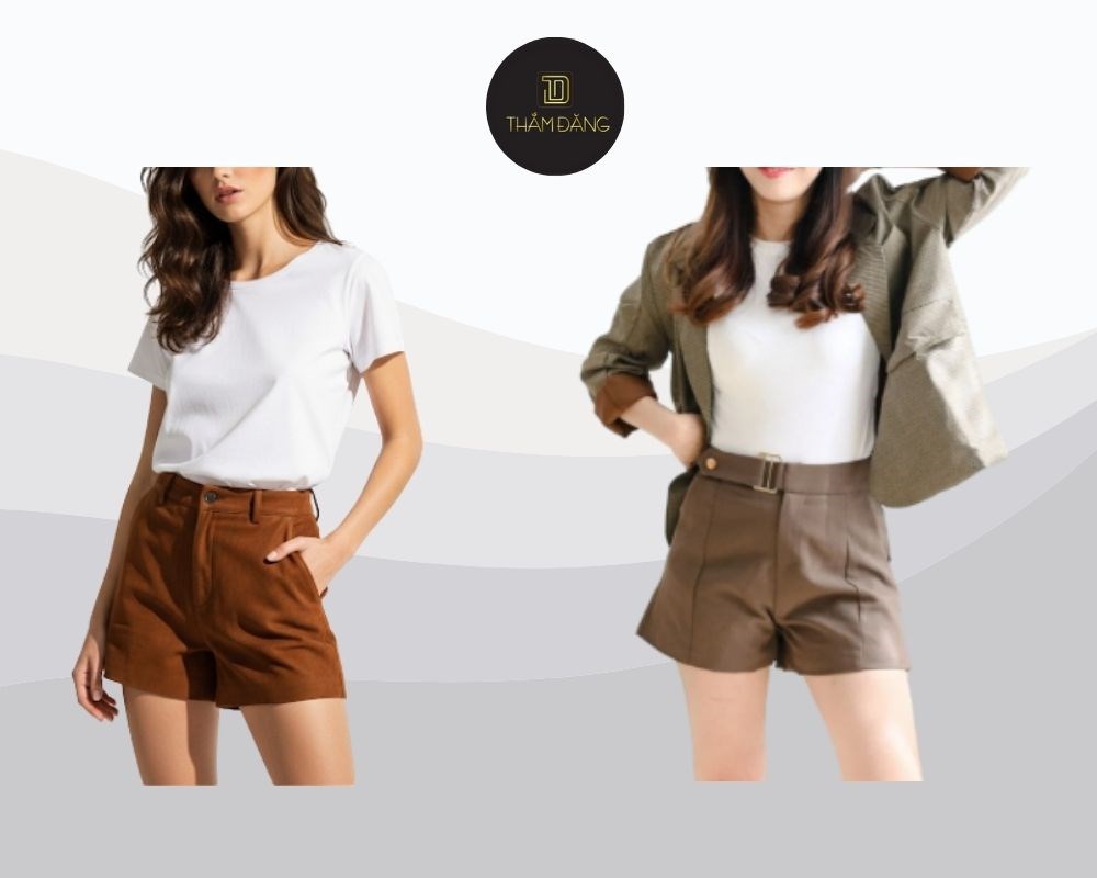 Áo thun trắng và quần short da lộn màu nâu tạo nên outfit sang trọng, tinh tế với chút hơi hướng vintage.