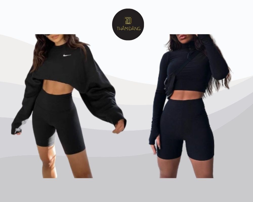 Áo thun croptop và quần biker shorts tạo nên outfit thời thượng, cá tính theo xu hướng athleisure.