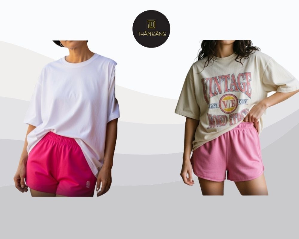 Áo thun oversize và quần short thể thao màu nổi tạo nên outfit nổi bật, trẻ trung và cực kỳ cá tính.