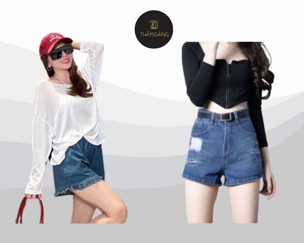 Áo thun dài tay và quần short jeans cạp cao: outfit cân bằng, hài hòa phù hợp cho thời tiết chuyển mùa.