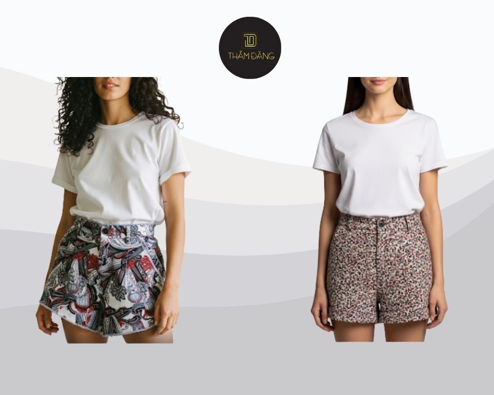 Áo thun trơn và quần short vải thô họa tiết tạo nên outfit tươi mới, nổi bật đặc trưng của mùa hè.