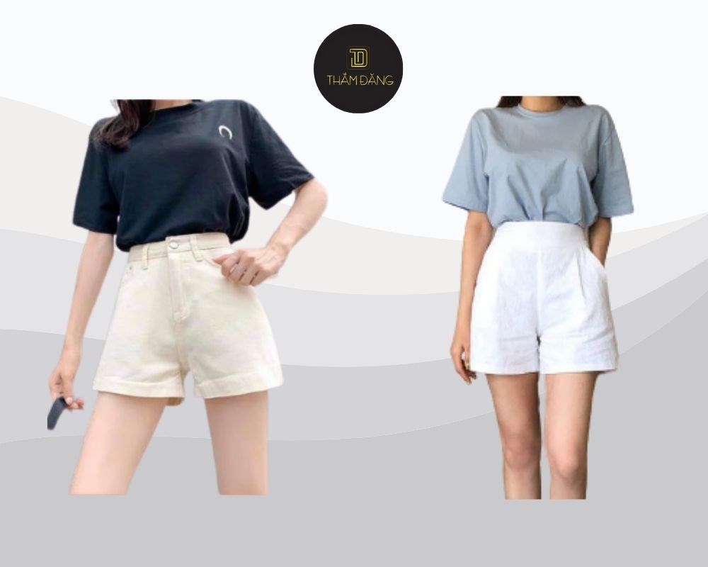 Nàng thấp bé nên chọn áo thun có độ dài vừa phải, quần short cạp cao và phối đồ một màu để tạo hiệu ứng hack chiều cao.