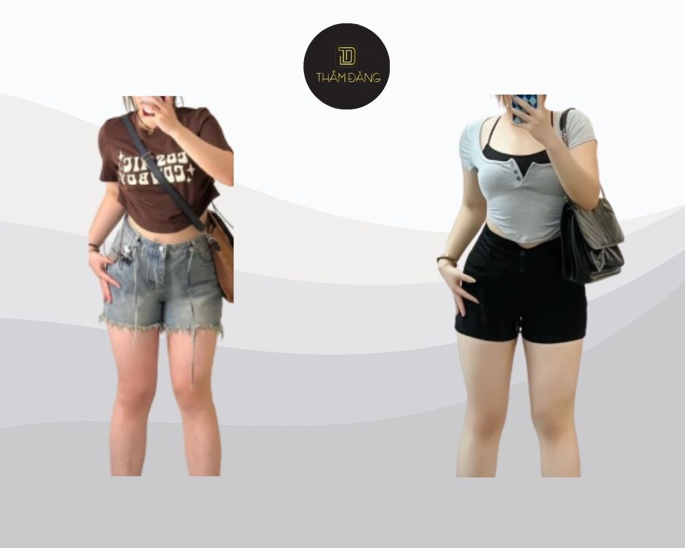Nàng mũm mĩm nên chọn áo thun có độ rộng vừa phải, quần short cạp cao có độ co giãn tốt để tôn dáng.