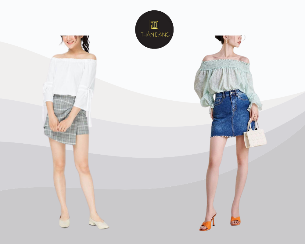 Nữ tính thanh lịch với áo trễ vai và chân váy chữ A dễ phối hợp.