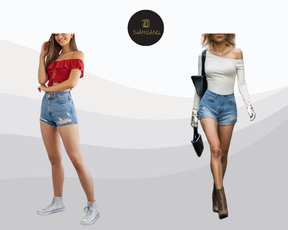 Trẻ trung năng động với áo trễ vai quần short jean cho ngày hè rực rỡ.