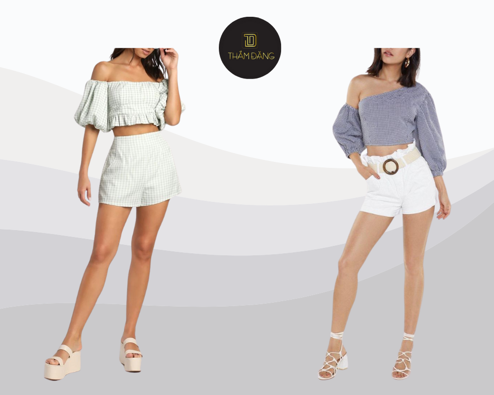 Áo trễ vai quần short vải nhẹ nhàng thanh lịch cho hè năng động.