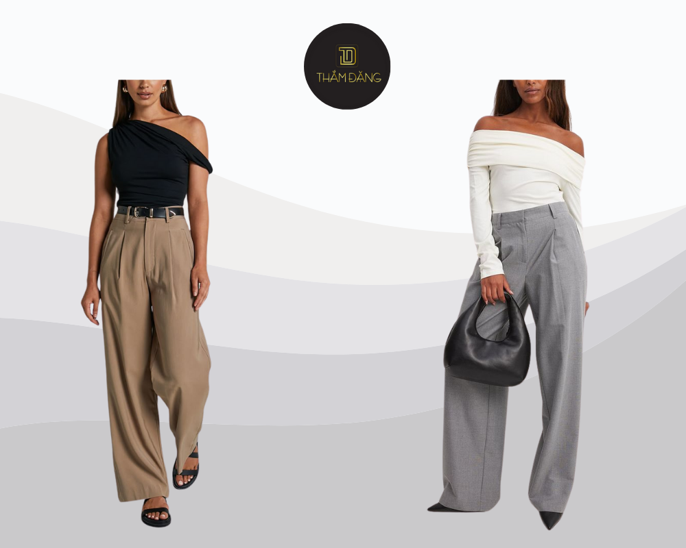 Áo trễ vai quần vải thụng chuẩn style oversized thoải mái và sành điệu.