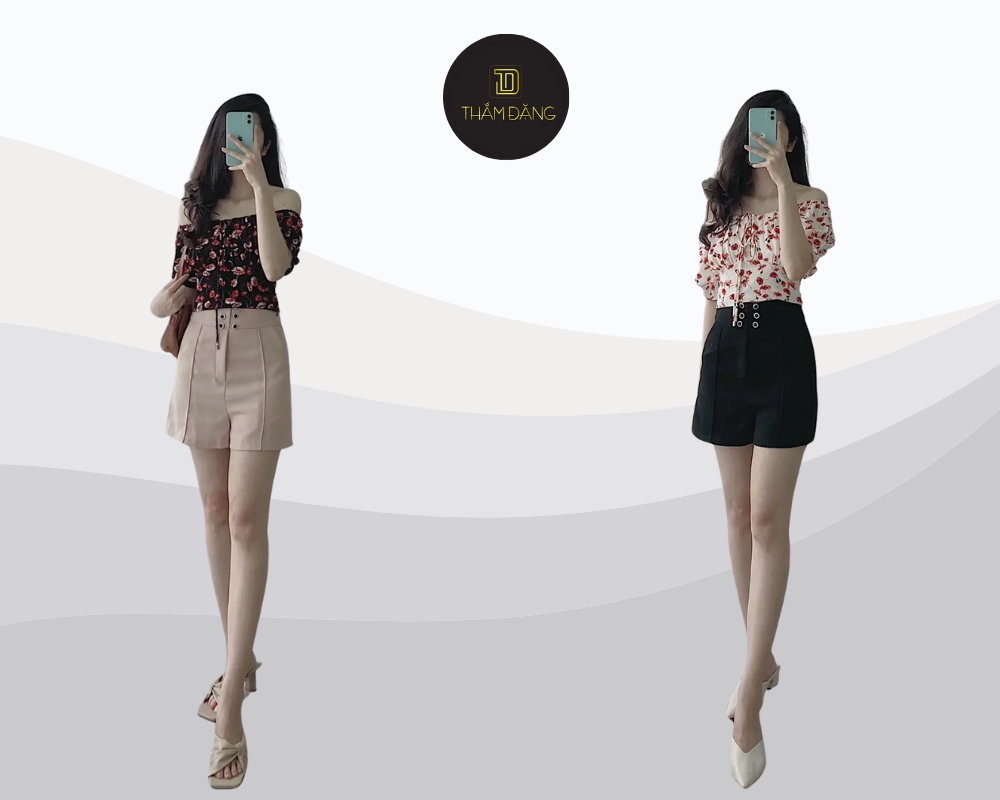 Set đồ trễ vai và quần short trẻ trung thoải mái cho mùa hè năng động.