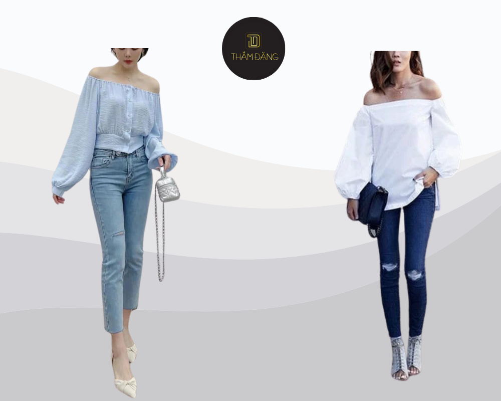Áo trễ vai cùng quần skinny tôn dáng chuẩn mọi hoàn cảnh.