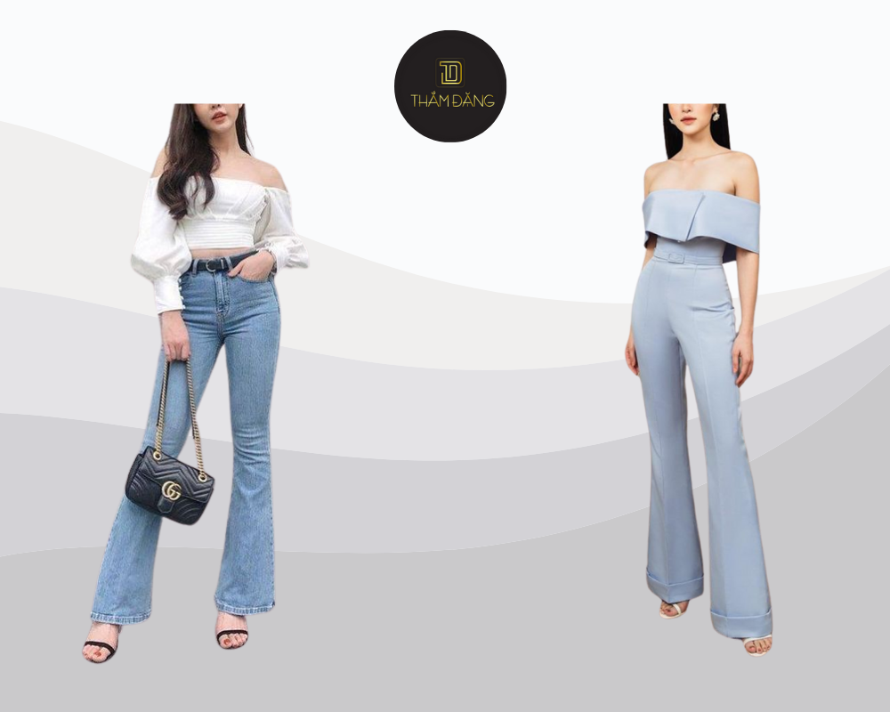 Áo trễ vai quần ống loe tôn dáng sang trọng phong cách retro vintage.