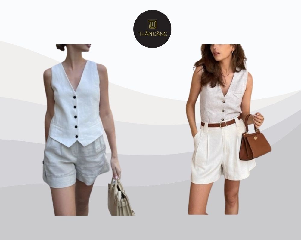 Thay vest truyền thống bằng vest dáng gile không tay, kết hợp quần short cùng màu tạo nên phong cách mới mẻ, năng động và thanh lịch.