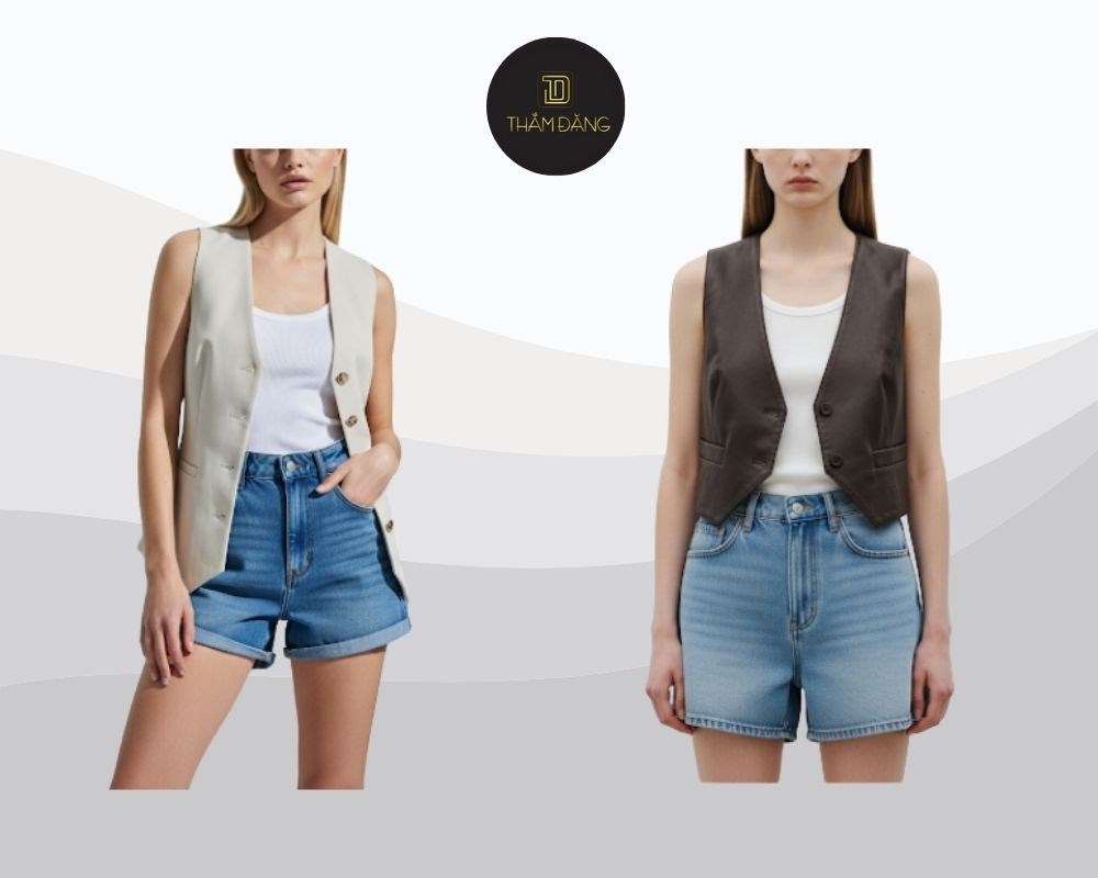 Vest khoác ngoài áo tank top ôm sát, kết hợp quần short vải hoặc jeans tạo nên vẻ năng động, phóng khoáng