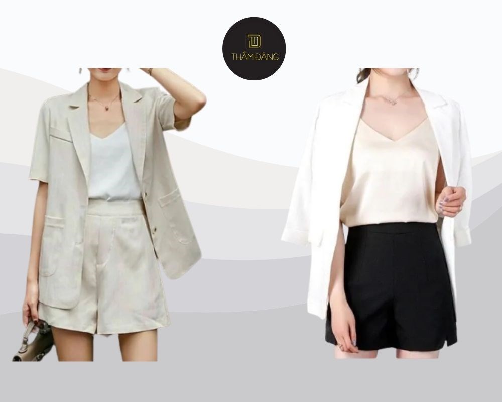 Áo vest khoác ngoài áo hai dây mỏng manh, kết hợp quần short jeans hoặc vải tạo nên vẻ quyến rũ tinh tế