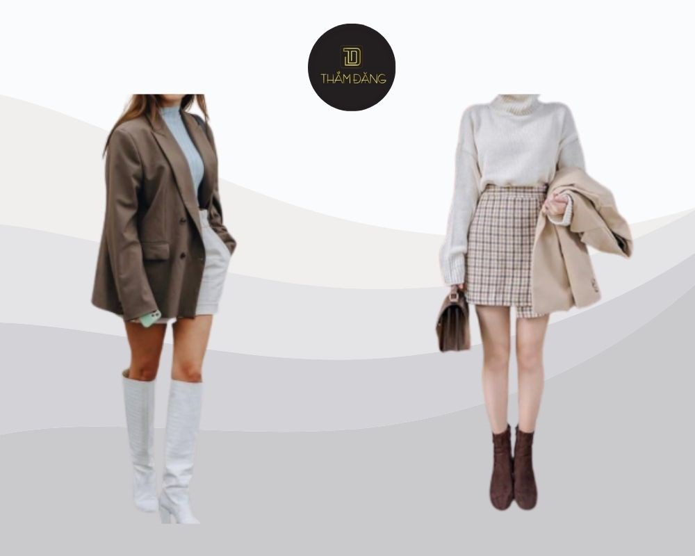 Áo vest khoác ngoài áo cổ lọ mỏng, kết hợp quần short vải tạo nên vẻ ngoài vừa ấm áp vừa thời trang