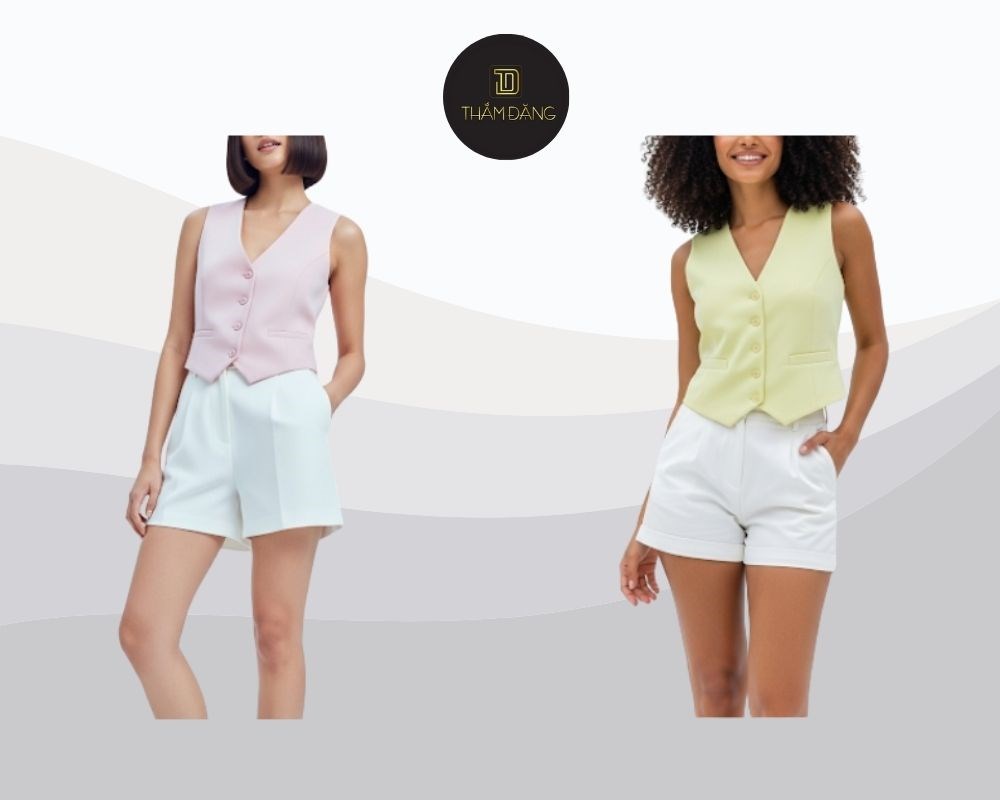 Áo vest màu pastel kết hợp quần short trắng mang đến vẻ ngoài tươi mới, nữ tính và thanh lịch cho những ngày hè.
