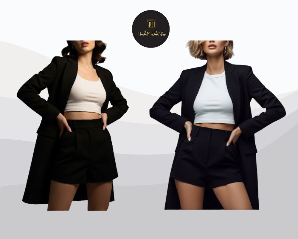Vest khoác ngoài, bên trong là croptop ngắn kết hợp quần short lưng cao tạo nên vẻ quyến rũ tinh tế mà vẫn thanh lịch.