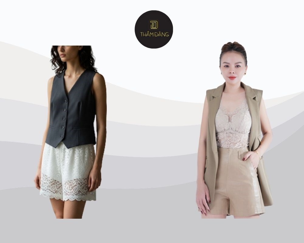 Áo vest khoác ngoài cùng bralette ren gợi cảm và quần short vải đồng điệu tạo nên set đồ quyến rũ, sang trọng cho buổi tối đặc biệt.