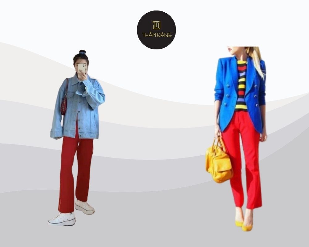 Quần đỏ kết hợp với áo màu xanh dương phá cách