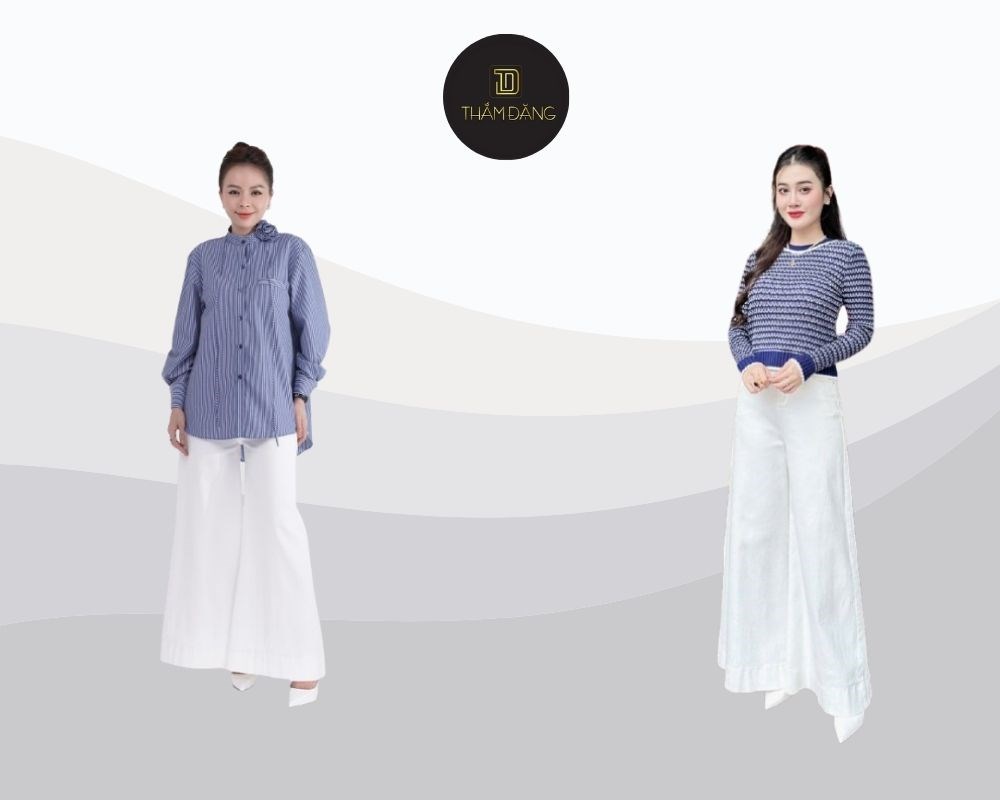 Áo xanh dương phối với quần màu trắng thanh lịch