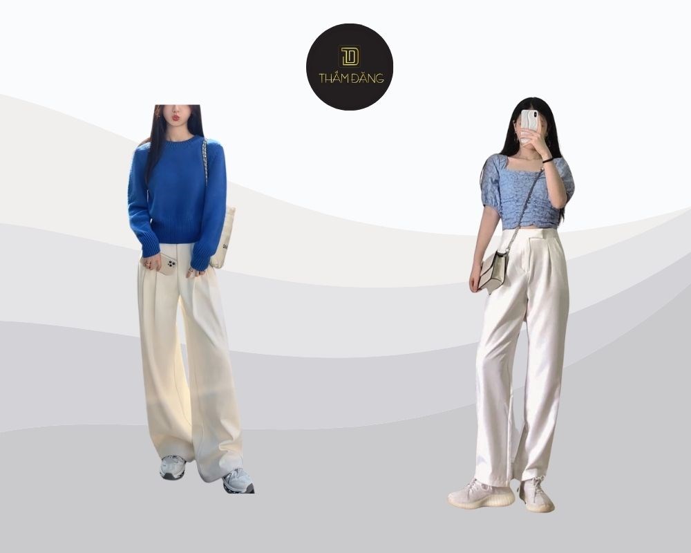 Quần màu be kết hợp với áo màu xanh dương thanh lịch tinh tế