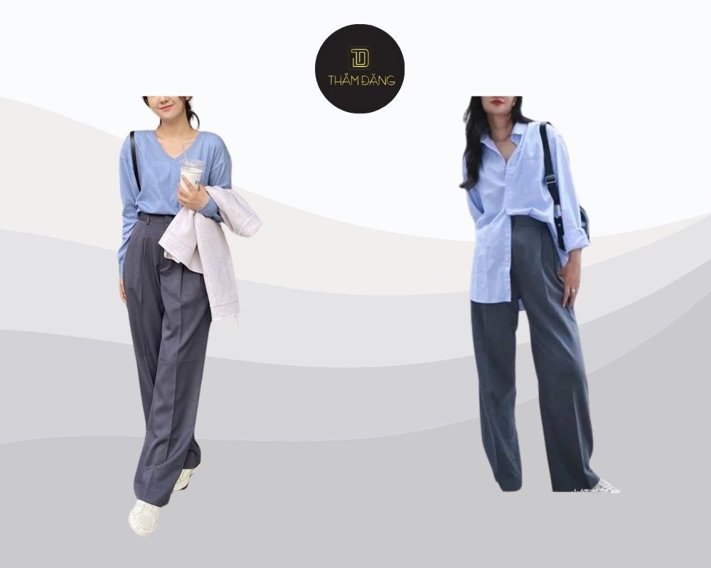 Quần màu xám kết hợp với áo màu xanh dương