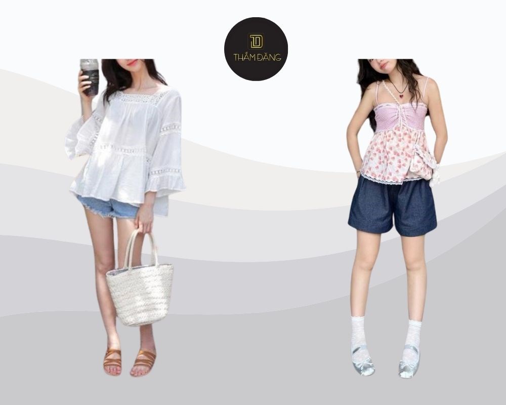 Áo babydoll mặc với gì? Hãy thử với quần đùi jeans và mũ lưỡi trai