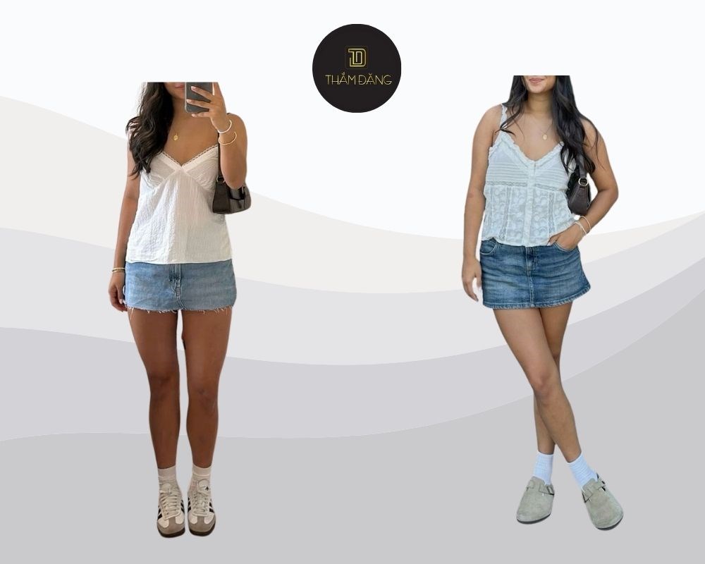 Phong cách vintage khi mặc Phối đồ với váy babydoll và chân váy bò nữ tính