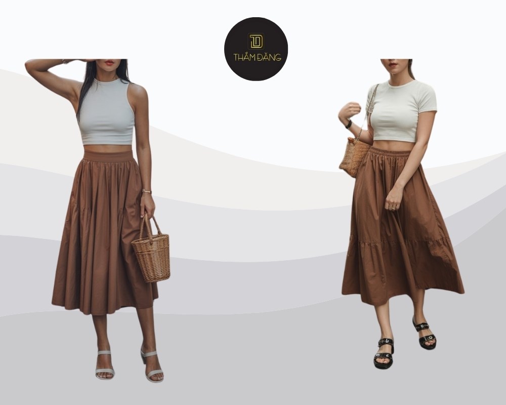 set áo croptop trắng phối chân váy midi nâu đất