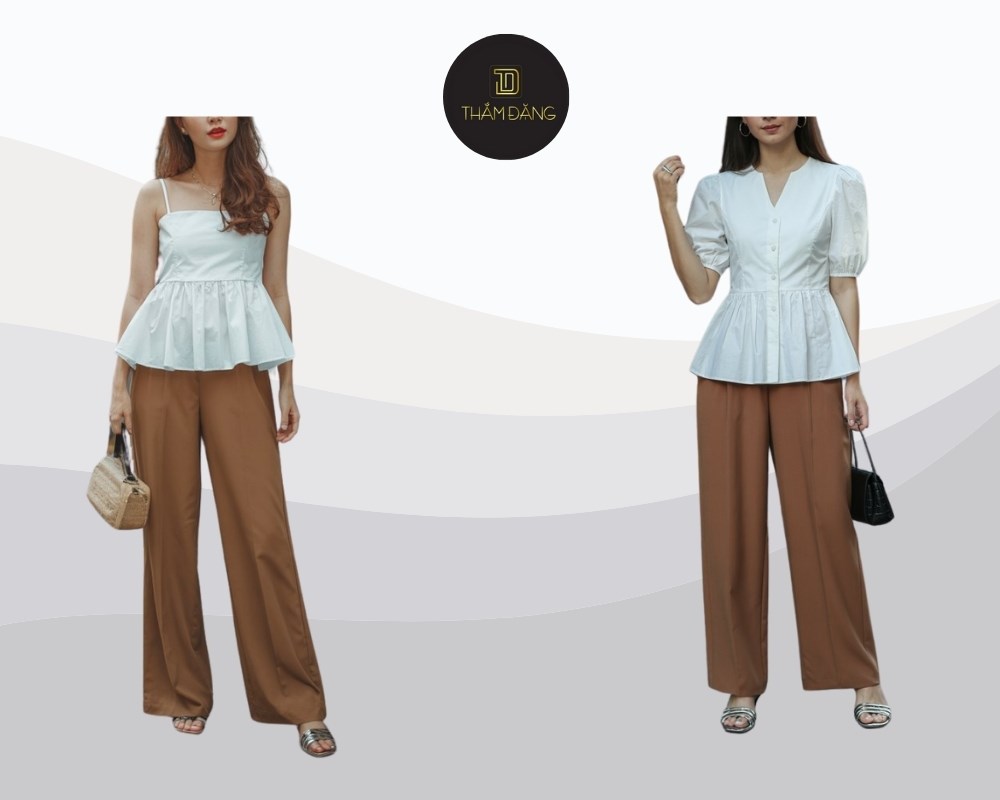 set áo peplum trắng kết hợp quần tây nâu giúp tôn dáng