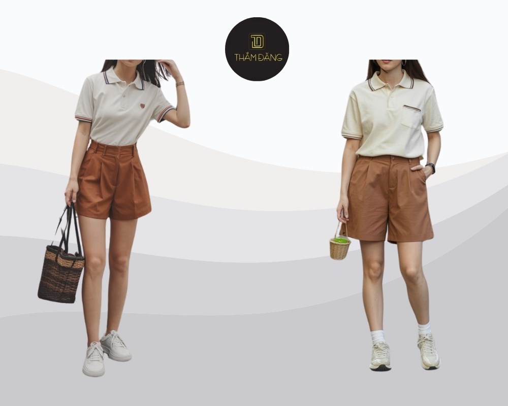 set áo polo trắng và quần short nâu đất mang lại vẻ ngoài trẻ trung, năng động