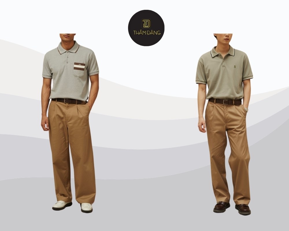 áo polo xám phối quần kaki nâu đất tạo phong cách nam tính