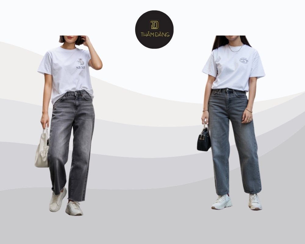 set áo thun trắng phối quần jeans xám cho người mệnh Bạch Lạp Kim